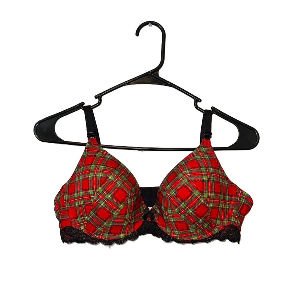 Adore Me Red & Green Plaid Bra with Black Lace